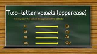 Two-letter vowels (uppercase)
It is very easy!! You just use the uppercase of the first letter.

ει
οι
αι
ου

Ει
Οι
Αι
Ου

 