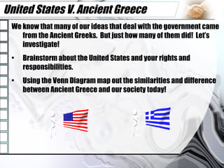 United States V. Ancient Greece We know that many of our ideas that deal with the government came from the Ancient Greeks.  But just how many of them did!  Let’s investigate! Brainstorm about the United States and your rights and  responsibilities. Using the Venn Diagram map out the similarities and difference between Ancient Greece and our society today! 