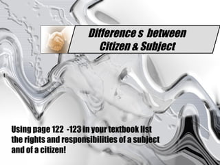 Difference s  between Citizen & Subject Using page 122  -123 in your textbook list the   rights and responsibilities of a subject and of a citizen! 