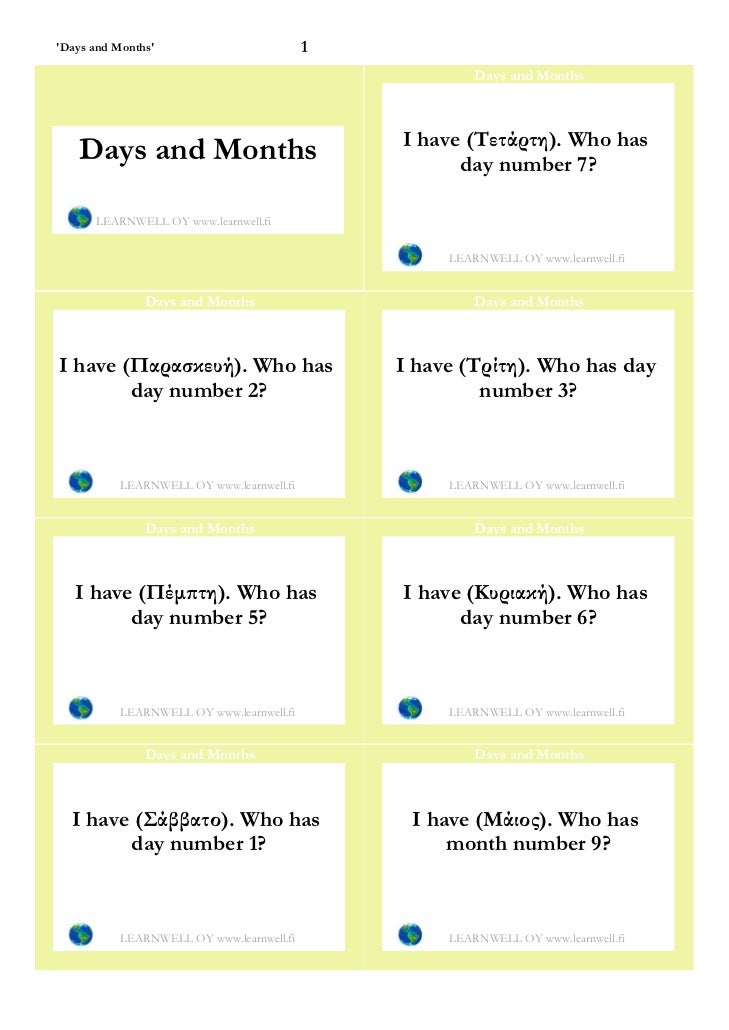 "Days and Months" Greek English cards