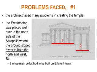 PROBLEMS FACED, #1
• the architect faced many problems in creating the temple:
• the Erechtheion
was placed well
over to the north
side of the
Acropolis where
the ground sloped
away to both the
north and west.
So …
= the two main cellas had to be built on different levels.
1
2
 