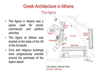 Greek Architecture in Athens
The Agora
• The Agora in Athens was a
space used for social,
commercial and political
activities
• The Agora at Athens was
located at the base of the hill
of the Acropolis
• Civic and religious buildings
were progressively erected
around the perimeter of the
Agora space
 