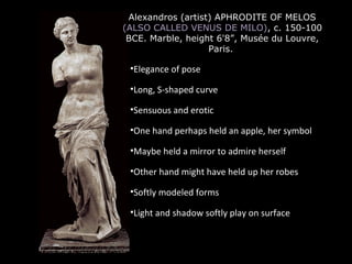 Alexandros (artist) APHRODITE OF MELOS
(ALSO CALLED VENUS DE MILO), c. 150-100
BCE. Marble, height 6'8”, Musée du Louvre,
Paris.

•Elegance of pose
•Long, S-shaped curve
•Sensuous and erotic
•One hand perhaps held an apple, her symbol
•Maybe held a mirror to admire herself
•Other hand might have held up her robes
•Softly modeled forms
•Light and shadow softly play on surface

 