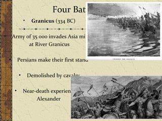 Four Battles Granicus  (334 BC) Army of 35 000 invades Asia minor  at River Granicus Persians make their first stand  Demolished by cavalry Near-death experience for Alexander  