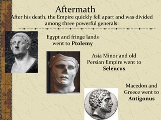 Aftermath After his death, the Empire quickly fell apart and was divided among three powerful generals: Egypt and fringe lands went to  Ptolemy Asia Minor and old Persian Empire went to  Seleucus Macedon and Greece went to  Antigonus 
