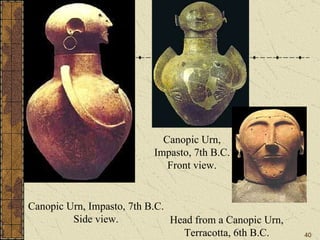 Canopic Urn, Impasto, 7th B.C. Side view. Canopic Urn, Impasto, 7th B.C. Front view. Head from a Canopic Urn, Terracotta, 6th B.C. 