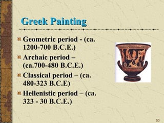Greek Painting Geometric period  - (ca. 1200-700 B.C.E.) Archaic period – (c a.700-480 B.C.E.) Classical period  – (ca. 480-323 B.C.E) Hellenistic period  – (ca. 323 - 30 B.C.E.) 