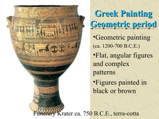 Greek Painting Geometric   period Geometric painting  (ca. 1200-700 B.C.E.) Flat, angular figures and complex patterns Figures painted in black or brown  Funerary Krater ca. 750 B.C.E., terra-cotta  