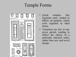 Temple Forms
• Greek temples, like
Egyptian ones, tended to
follow set patterns, which
were regarded as ideal
forms.
• Variations are few in any
given period, tending to
reflect the choice of a
particular classical order,
rather than new and novel
design.
 