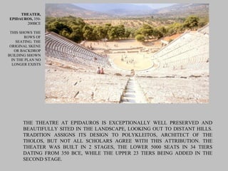 THEATER,
EPIDAUROS, 350-
200BCE
THIS SHOWS THE
ROWS OF
SEATING. THE
ORIGINAL SKENE
OR BACKDROP
BUILDING SHOWN
IN THE PLAN NO
LONGER EXISTS
THE THEATRE AT EPIDAUROS IS EXCEPTIONALLY WELL PRESERVED AND
BEAUTIFULLY SITED IN THE LANDSCAPE, LOOKING OUT TO DISTANT HILLS.
TRADITION ASSIGNS ITS DESIGN TO POLYKLEITOS, ARCHITECT OF THE
THOLOS, BUT NOT ALL SCHOLARS AGREE WITH THIS ATTRIBUTION. THE
THEATER WAS BUILT IN 2 STAGES, THE LOWER 5000 SEATS IN 34 TIERS
DATING FROM 350 BCE, WHILE THE UPPER 23 TIERS BEING ADDED IN THE
SECOND STAGE.
 