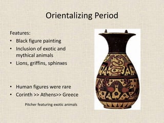 Orientalizing Period
Features:
• Black figure painting
• Inclusion of exotic and
mythical animals
• Lions, griffins, sphinxes
• Human figures were rare
• Corinth >> Athens>> Greece
Pitcher featuring exotic animals
 