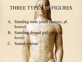 A. Standing nude youth (kouros, pl.
kouroi)
B. Standing draped girl (kore, pl.
korai)
C. Seated woman
THREE TYPES OF FIGURES
 