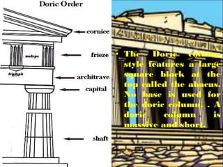 • The Doric column
style features a large
square block at the
top called the abacus.
No base is used for
the doric column. . A
doric column is
massive and short.
 