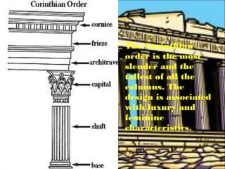 • The Corinthian
order is the most
slender and the
tallest of all the
columns. The
design is associated
with luxury and
feminine
characteristics.
 