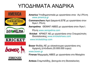 ΥΠΟΔΗΜΑΤΑ ΑΝΔΡΙΚΑ America   Υποδηματοποιϊα   με εργοστάσιο στον  Αγ.Ι.Ρέντη  www.america.gr Commanchero   Αφοί Διαμαντή ΕΠΕ με εργοστάσιο   στον Άγιο Ι. Ρέντη Aeropelma   ΘΕΜΑΓΙ ΑΒΕΕ   με εργοστάσιο στον Άγιο Ι. Ρέντη  www.aeropelma.com   Kricket  ΚΡΙΚΕΤ ΑΕ με εργοστάσιο στην Σταυρούπολη   Θεσσαλονίκης  www.kricketshoes.com www.kricketshop.com Boxer  Φειδάς ΑΕ με ολοκαίνουριο εργοστάσιο στις Αχαρνές (επένδυση 20.000.000 ευρώ)   www.boxer.gr Firenze  Μαρμαράς ΑΒΕΕ με εργοστάσιο στο Μοσχάτο Anteos  Σταμπολίδης, βιοτεχνία στη Θεσσαλονίκη 