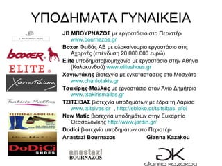 ΥΠΟΔΗΜΑΤΑ ΓΥΝΑΙΚΕΙΑ JB  ΜΠΟΥΡΝΑΖΟΣ  με εργοστάσιο στο Περιστέρι  www.bournazos.gr Boxer  Φειδάς ΑΕ με ολοκαίνουριο εργοστάσιο στις Αχαρνές (επένδυση 20.000.000 ευρώ)   Elite   υποδηματοβιομηχανία με εργοστάσιο στην Αθήνα (Κολοκυνθού)  www.eliteshoes.gr Χανιωτάκης  βιοτεχνία με εγκαταστάσεις στο Μοσχάτο  www.chaniotakis.gr Τσακίρης-Μαλλάς  με εργοστάσιο στον Άγιο Δημήτριο  www.tsakirismallas.gr ΤΣΙΤΣΙΒΑΣ  βιοτεχνία υποδημάτων με έδρα τη Λάρισα  www.tsitsivas.gr   ,  http://ebloko.gr/tsitsibas_afoi New Matic   βιοτεχνία υποδημάτων στην Ευκαρπία Θεσσαλονίκης  http://www.jardin.gr/   Dodici  βιοτεχνία υποδημάτων στο Περιστέρι Anastazi Bournazos   Gianna Kazakou 