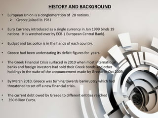 HISTORY AND BACKGROUND
• European Union is a conglomeration of 28 nations.
 Greece joined in 1981
• Euro Currency introduced as a single currency in Jan 1999 binds 19
nations. It is watched over by ECB ( European Central Bank).
• Budget and tax policy is in the hands of each country.
• Greece had been understating its deficit figures for years.
• The Greek Financial Crisis surfaced in 2010 when most international
banks and foreign investors had sold their Greek bonds and other
holdings in the wake of the announcement made by Greece in Oct 2009.
• By March 2010, Greece was turning towards bankruptcy which had
threatened to set off a new financial crisis.
• The current debt owed by Greece to different entities reached
• 350 Billion Euros.
 