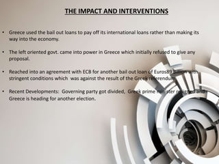 • Greece used the bail out loans to pay off its international loans rather than making its
way into the economy.
• The left oriented govt. came into power in Greece which initially refused to give any
proposal.
• Reached into an agreement with ECB for another bail out loan of Euros89 Billion with
stringent conditions which was against the result of the Greek referendum.
• Recent Developments: Governing party got divided, Greek prime minister resigned and
Greece is heading for another election.
THE IMPACT AND INTERVENTIONS
 