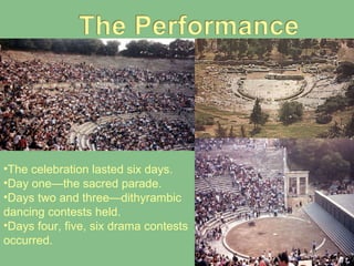 The celebration lasted six days. Day one—the sacred parade. Days two and three—dithyrambic dancing contests held. Days four, five, six drama contests occurred. 