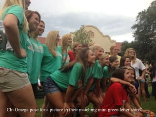 Chi Omega pose for a picture in their matching mint green letter shirts.
 