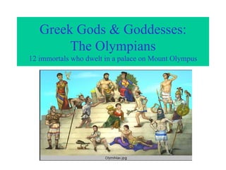Greek Gods & Goddesses:
The Olympians
12 immortals who dwelt in a palace on Mount Olympus
 