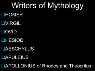 Writers of Mythology
❑HOMER
❑VIRGIL
❑OVID
❑HESIOD
❑AESCHYLUS
❑APULEIUS
❑APOLLONIUS of Rhodes and Theocritus
 