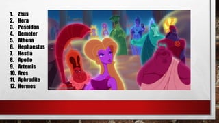 1. Zeus 
2. Hera 
3. Poseidon 
4. Demeter 
5. Athena 
6. Hephaestus 
7. Hestia 
8. Apollo 
9. Artemis 
10. Ares 
11. Aphrodite 
12. Hermes 
 