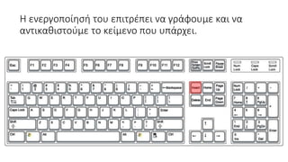 H ενεργοποίησή του επιτρέπει να γράφουμε και να
αντικαθιστούμε το κείμενο που υπάρχει.
 