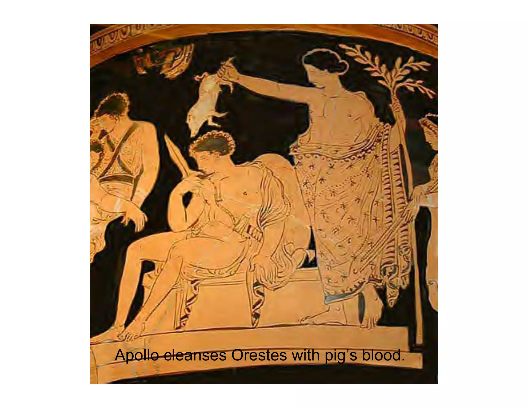 Apollo cleanses Orestes with pig’s blood.
 
