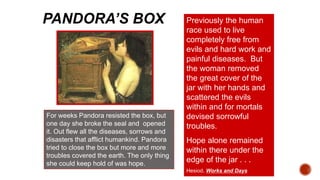PANDORA’S BOX Previously the human
race used to live
completely free from
evils and hard work and
painful diseases. But
the woman removed
the great cover of the
jar with her hands and
scattered the evils
within and for mortals
devised sorrowful
troubles.
Hope alone remained
within there under the
edge of the jar . . .
Hesiod, Works and Days
For weeks Pandora resisted the box, but
one day she broke the seal and opened
it. Out flew all the diseases, sorrows and
disasters that afflict humankind. Pandora
tried to close the box but more and more
troubles covered the earth. The only thing
she could keep hold of was hope.
 