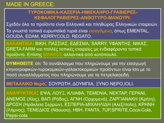 MADE IN GREECE:
          ΣΤΡΟΚΟΜΗΚΑ-ΚΑ΢ΔΡΗΑ-ΖΜΗ΢ΚΛΖΡΟ-ΓΡΑΒΗΔΡΔ΢-
             ΚΔΦΑΛΟΓΡΑΒΗΔΡΔ΢-ΑΝΘΟΣΤΡΟ-ΜΑΝΟΤΡΗ:
΢ρεδόλ όια ηα πξντόληα είλαη Διιεληθά θαη πιεζώξαο Διιεληθώλ εηαηξεηώλ.
Σα γλσζηά ηνπηθά επξσπατθά ηπξηά είλαη εηζαγόκελα, όπσο EMENTAL,
GOUDA, EDAM, KERRYCOLD, REGATO.
ΑΛΛΑΝΣΗΚΑ: ΒΗΚΖ, ΠΑ΢΢ΗΑ΢, ΔΓΔ΢ΜΑ, SARRY, ΤΦΑΝΣΖ΢, ΝΗΚΑ΢,
GRETA FARM θαη πνιιέο ηνπηθέο εηαηξείεο κε ελδηαθέξνληα ηνπηθά
πξντόληα. Δπίζεο ΜΗΜΗΚΟ΢ αιιαληηθά από θνηόπνπιν.
ΘΤΜΖΘΔΗΣΔ όηη: Σν ζπλάιιαγκα πνπ πιεξώλνπκε γηα ηελ εηζαγσγή
θηελνηξνθηθώλ-ηπξνθνκηθώλ-γαιαθηνθνκηθώλ πξντόλησλ είλαη ίζν κε ην
πνζό ζπλαιιάγκαηνο πνπ πιεξώλνπκε γηα ηα πεηξειαηνεηδή.
ΜΔΣΑΛΛΗΚΟ Νερό: ΢ΟΤΡΧΣΖ, ΓΟΤΜΠΗΑ, ΞΤΝΟ ΝΔΡΟ,IOLI.

ΑΝΑΦΤΚΣΗΚΑ: ΔΦΑ, ΛΟΤΞ, ΚΛΗΑΦΑ, ΣΔΜΔΝΗΑ, ΝΔΚΣΑΡ, ΓΔΡΑΝΗ,
ΑΝΔΜΟ΢ (Υίνο), ΒΑΠ (Ρόδνο), ΑΓΝΖ (Οξρνκελό), ΕΑΡΓΗΑΝΑΚΖ (Κξήηε),
ΓΡΟ΢Ζ (Ζξάθιεηα ΢εξξώλ), Δ΢ΠΔΡΗΑ-ΜΗΥΑΖΛΗΓΖ (Αιεμ/πνιε), ΚΡΖΝΖ
(Λήκλνο), ΣΔΝΔΓΗΟ΢ (Νάνπζα), ΖΒΖ, FANTA, 7UP,SPRITE,Coca-Cola,
Pepsi-cola
 