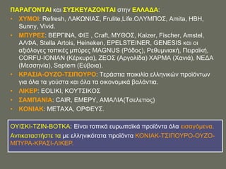 ΠΑΡΑΓΟΝΣΑΗ θαη ΢Τ΢ΚΔΤΑΕΟΝΣΑΗ ζηελ ΔΛΛΑΓΑ:
• ΥΤΜΟΗ: Refresh, ΛΑΚΧΝΗΑ΢, Frulite,Life.ΟΛΤΜΠΟ΢, Amita, ΖΒΖ,
  Sunny, Vivid.
• ΜΠΤΡΔ΢: ΒΔΡΓΗΝΑ, ΦΗΞ , Craft, ΜΤΘΟ΢, Kaizer, Fischer, Amstel,
  ΑΛΦΑ, Stella Artois, Heineken, EPELSTEINER, GENESIS θαη νη
  αμηόινγεο ηνπηθέο κπύξεο MAGNUS (Ρόδνο), Ρεζπκληαθή, Πεηξατθή,
  CORFU-IONIAN (Κέξθπξα), ΕΔΟ΢ (Αξγνιίδα) ΥΑΡΜΑ (Υαληά), ΝΔΓΑ
  (Μεζζελία), Septem (Δύβνηα).
• ΚΡΑ΢ΗΑ-ΟΤΕΟ-Σ΢ΗΠΟΤΡΟ: Σεξάζηηα πνηθηιία ειιεληθώλ πξντόλησλ
  γηα όια ηα γνύζηα θαη όια ηα νηθνλνκηθά βαιάληηα.
• ΛΗΚΔΡ: EOLIKI, ΚΟΤΣ΢ΗΚΟ΢
• ΢ΑΜΠΑΝΗΑ: CAIR, ΔΜΔΡΤ, ΑΜΑΛΗΑ(Σζειεπνο)
• ΚΟΝΗΑΚ: METAXA, ΟΡΦΔΤ΢.

ΟΤΗ΢ΚΗ-ΣΕΗΝ-ΒΟΣΚΑ: Δίλαη ηνπηθά επξσπατθά πξντόληα όια εηζαγόκελα.
Αληηθαηαζηήζηε ηα κε ειιεληθόηαηα πξντόληα ΚΟΝΗΑΚ-Σ΢ΗΠΟΤΡΟ-ΟΤΕΟ-
ΜΠΤΡΑ-ΚΡΑ΢Η-ΛΗΚΔΡ.
 
