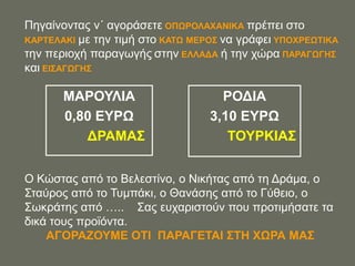 Πεγαίλνληαο λ΄ αγνξάζεηε ΟΠΧΡΟΛΑΥΑΝΗΚΑ πξέπεη ζην
ΚΑΡΣΔΛΑΚΗ κε ηελ ηηκή ζην ΚΑΣΧ ΜΔΡΟ΢ λα γξάθεη ΤΠΟΥΡΔΧΣΗΚΑ
ηελ πεξηνρή παξαγσγήο ζηελ ΔΛΛΑΓΑ ή ηελ ρώξα ΠΑΡΑΓΧΓΖ΢
θαη ΔΗ΢ΑΓΧΓΖ΢

       ΜΑΡΟΤΛΗΑ                     ΡΟΓΗΑ
       0,80 ΔΤΡΧ                  3,10 ΔΤΡΧ
          ΓΡΑΜΑ΢                     ΣΟΤΡΚΗΑ΢


Ο Κώζηαο από ην Βειεζηίλν, ν Νηθήηαο από ηε Γξάκα, ν
΢ηαύξνο από ην Σπκπάθη, ν Θαλάζεο από ην Γύζεην, ν
΢σθξάηεο από ….. ΢αο επραξηζηνύλ πνπ πξνηηκήζαηε ηα
δηθά ηνπο πξντόληα.
    ΑΓΟΡΑΕΟΤΜΔ ΟΣΗ ΠΑΡΑΓΔΣΑΗ ΢ΣΖ ΥΧΡΑ ΜΑ΢
 