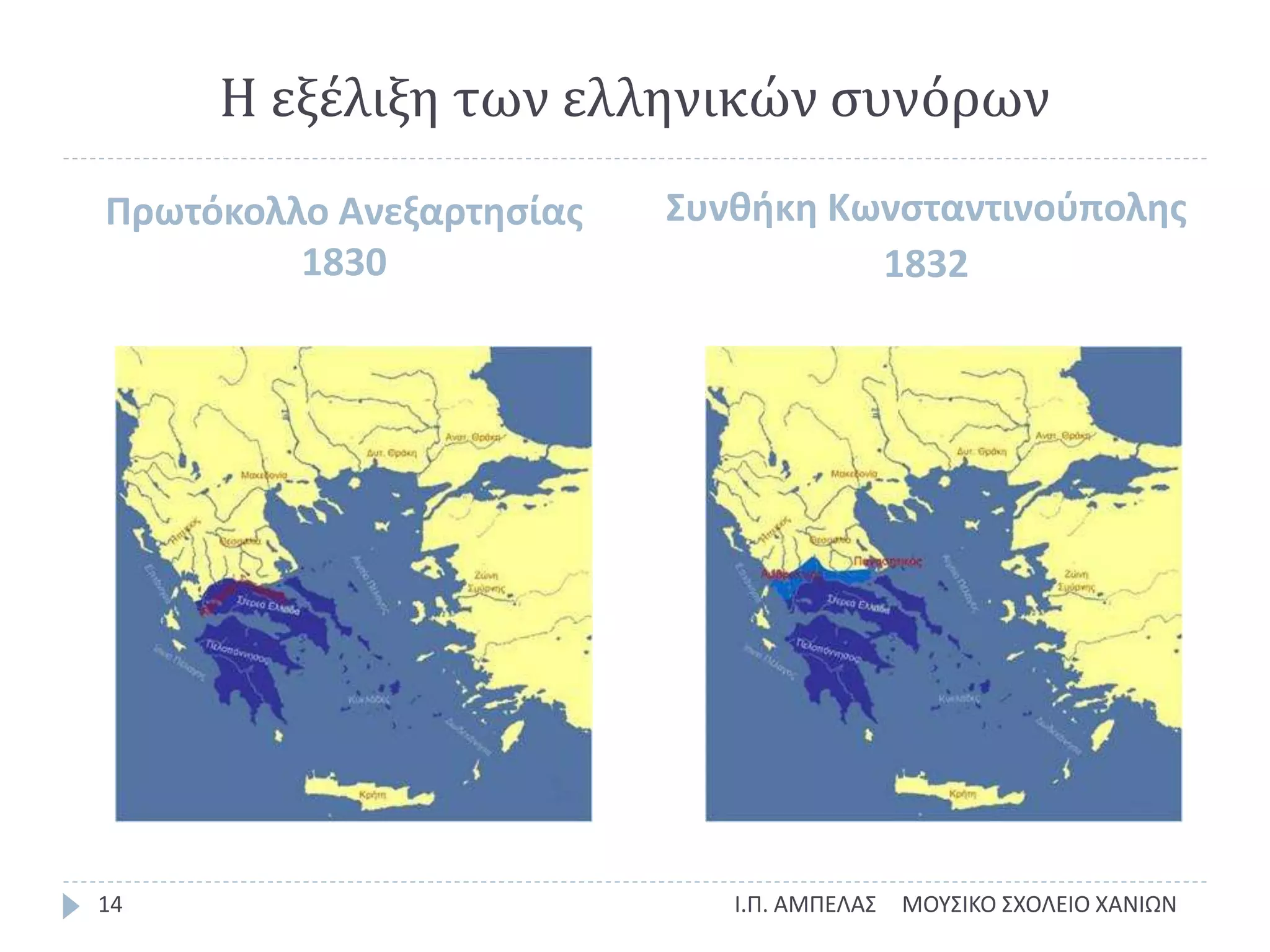Η εξέλιξη των ελληνικών συνόρων
Πρωτόκολλο Ανεξαρτησίας
1830
Συνθήκη Κωνσταντινούπολης
1832
ΜΟΥΣΙΚΟ ΣΧΟΛΕΙΟ ΧΑΝΙΩΝΙ.Π. ΑΜΠΕΛΑΣ14
 