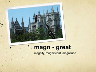 magn - great
magnify, magnificent, magnitude

 