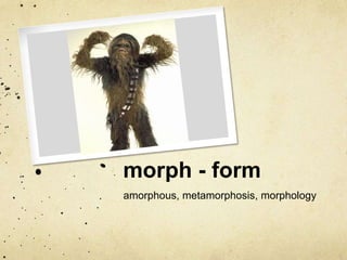 morph - form
amorphous, metamorphosis, morphology

 