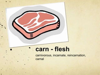 carn - flesh
carnivorous, incarnate, reincarnation,
carnal

 