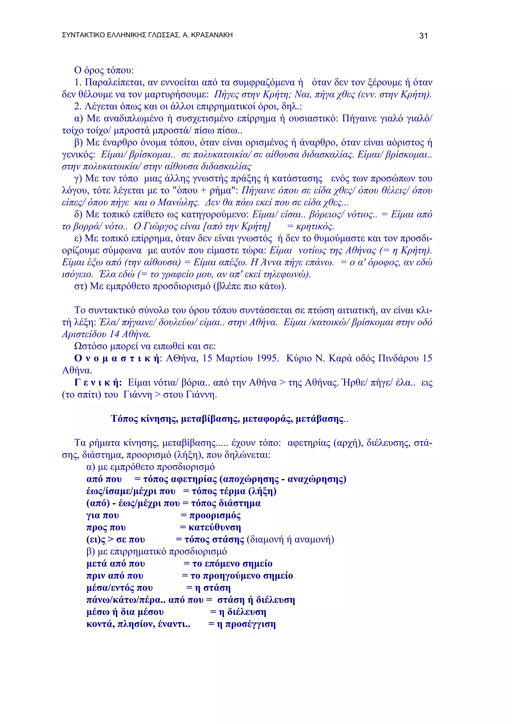 ΣΥΝΤΑΚΤΙΚΟ ΕΛΛΗΝΙΚΗΣ ΓΛΩΣΣΑΣ, Α. ΚΡΑΣΑΝΑΚΗ                                         31



   Ο όρος τόπου:
   1. Παραλείπεται, αν εννοείται από τα συμφραζόμενα ή όταν δεν τον ξέρουμε ή όταν
δεν θέλουμε να τον μαρτυρήσουμε: Πήγες στην Κρήτη; Ναι, πήγα χθες (ενν. στην Κρήτη).
   2. Λέγεται όπως και οι άλλοι επιρρηματικοί όροι, δηλ.:
   α) Με αναδιπλωμένο ή συσχετισμένο επίρρημα ή ουσιαστικό: Πήγαινε γιαλό γιαλό/
τοίχο τοίχο/ μπροστά μπροστά/ πίσω πίσω..
   β) Με έναρθρο όνομα τόπου, όταν είναι ορισμένος ή άναρθρο, όταν είναι αόριστος ή
γενικός: Είμαι/ βρίσκομαι.. σε πολυκατοικία/ σε αίθουσα διδασκαλίας. Είμαι/ βρίσκομαι..
στην πολυκατοικία/ στην αίθουσα διδασκαλίας
   γ) Με τον τόπο μιας άλλης γνωστής πράξης ή κατάστασης ενός των προσώπων του
λόγου, τότε λέγεται με το "όπου + ρήμα": Πήγαινε όπου σε είδα χθες/ όπου θέλεις/ όπου
είπες/ όπου πήγε και ο Μανώλης. Δεν θα πάω εκεί που σε είδα χθες...
   δ) Με τοπικό επίθετο ως κατηγορούμενο: Είμαι/ είσαι.. βόρειος/ νότιος.. = Είμαι από
το βορρά/ νότο.. Ο Γιώργος είναι [από την Κρήτη]     = κρητικός.
   ε) Με τοπικό επίρρημα, όταν δεν είναι γνωστός ή δεν το θυμούμαστε και τον προσδι-
ορίζουμε σύμφωνα με αυτόν που είμαστε τώρα: Είμαι νοτίως της Αθήνας (= η Κρήτη).
Είμαι έξω από (την αίθουσα) = Είμαι απέξω. Η Άννα πήγε επάνω. = ο α' όροφος, αν εδώ
ισόγειο. Έλα εδώ (= το γραφείο μου, αν απ' εκεί τηλεφωνώ).
   στ) Με εμπρόθετο προσδιορισμό (βλέπε πιο κάτω).

   To συντακτικό σύνολο του όρου τόπου συντάσσεται σε πτώση αιτιατική, αν είναι κλι-
τή λέξη: Έλα/ πήγαινε/ δουλεύω/ είμαι.. στην Αθήνα. Είμαι /κατοικώ/ βρίσκομαι στην οδό
Αριστείδου 14 Αθήνα.
   Ωστόσο μπορεί να ειπωθεί και σε:
   Ο ν ο μ α σ τ ι κ ή: ΑΘήνα, 15 Μαρτίου 1995. Κύριο Ν. Καρά οδός Πινδάρου 15
Αθήνα.
   Γ ε ν ι κ ή: Είμαι νότια/ βόρια.. από την Αθήνα > της Αθήνας. Ήρθε/ πήγε/ έλα.. εις
(το σπίτι) του Γιάννη > στου Γιάννη.

           Τόπος κίνησης, μεταβίβασης, μεταφοράς, μετάβασης..

  Τα ρήματα κίνησης, μεταβίβασης..... έχουν τόπο: αφετηρίας (αρχή), διέλευσης, στά-
σης, διάστημα, προορισμό (λήξη), που δηλώνεται:
      α) με εμπρόθετο προσδιορισμό
      από που = τόπος αφετηρίας (αποχώρησης - αναχώρησης)
      έως/ίσαμε/μέχρι που = τόπος τέρμα (λήξη)
      (από) - έως/μέχρι που = τόπος διάστημα
      για που              = προορισμός
      προς που             = κατεύθυνση
      (ει)ς > σε που      = τόπος στάσης (διαμονή ή αναμονή)
      β) με επιρρηματικό προσδιορισμό
      μετά από που          = το επόμενο σημείο
      πριν από που          = το προηγούμενο σημείο
      μέσα/εντός που         = η στάση
      πάνω/κάτω/πέρα.. από που = στάση ή διέλευση
      μέσω ή δια μέσου            = η διέλευση
      κοντά, πλησίον, έναντι..    = η προσέγγιση
 