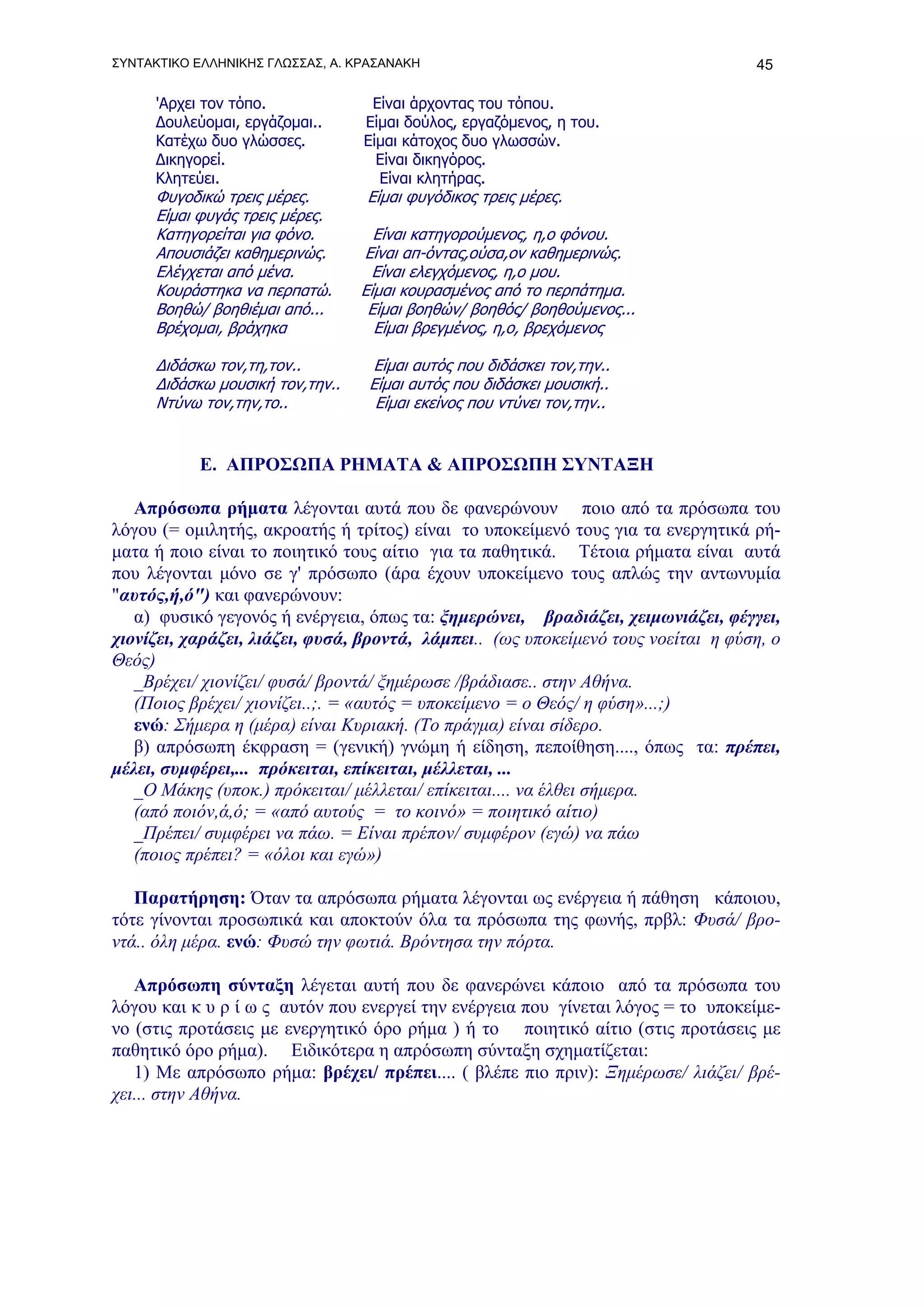 ΣΥΝΤΑΚΤΙΚΟ ΕΛΛΗΝΙΚΗΣ ΓΛΩΣΣΑΣ, Α. ΚΡΑΣΑΝΑΚΗ                                         45

     'Αρχει τον τόπο.              Είναι άρχοντας του τόπου.
     Δουλεύομαι, εργάζομαι..      Είμαι δούλος, εργαζόμενος, η του.
     Κατέχω δυο γλώσσες.          Είμαι κάτοχος δυο γλωσσών.
     Δικηγορεί.                     Είναι δικηγόρος.
     Κλητεύει.                      Είναι κλητήρας.
     Φυγοδικώ τρεις μέρες.        Είμαι φυγόδικος τρεις μέρες.
     Είμαι φυγάς τρεις μέρες.
     Κατηγορείται για φόνο.        Είναι κατηγορούμενος, η,ο φόνου.
     Απουσιάζει καθημερινώς.     Είναι απ-όντας,ούσα,ον καθημερινώς.
     Ελέγχεται από μένα.           Είναι ελεγχόμενος, η,ο μου.
     Κουράστηκα να περπατώ.      Είμαι κουρασμένος από το περπάτημα.
     Βοηθώ/ βοηθιέμαι από...      Είμαι βοηθών/ βοηθός/ βοηθούμενος...
     Βρέχομαι, βράχηκα             Είμαι βρεγμένος, η,ο, βρεχόμενος

     Διδάσκω τον,τη,τον..          Είμαι αυτός που διδάσκει τον,την..
     Διδάσκω μουσική τον,την..     Είμαι αυτός που διδάσκει μουσική..
     Ντύνω τον,την,το..             Είμαι εκείνος που ντύνει τον,την..


           Ε. ΑΠΡΟΣΩΠΑ ΡΗΜΑΤΑ & ΑΠΡΟΣΩΠΗ ΣΥΝΤΑΞΗ

   Απρόσωπα ρήματα λέγονται αυτά που δε φανερώνουν ποιο από τα πρόσωπα του
λόγου (= ομιλητής, ακροατής ή τρίτος) είναι το υποκείμενό τους για τα ενεργητικά ρή-
ματα ή ποιο είναι το ποιητικό τους αίτιο για τα παθητικά. Τέτοια ρήματα είναι αυτά
που λέγονται μόνο σε γ' πρόσωπο (άρα έχουν υποκείμενο τους απλώς την αντωνυμία
"αυτός,ή,ό") και φανερώνουν:
   α) φυσικό γεγονός ή ενέργεια, όπως τα: ξημερώνει, βραδιάζει, χειμωνιάζει, φέγγει,
χιονίζει, χαράζει, λιάζει, φυσά, βροντά, λάμπει.. (ως υποκείμενό τους νοείται η φύση, ο
Θεός)
   _Βρέχει/ χιονίζει/ φυσά/ βροντά/ ξημέρωσε /βράδιασε.. στην Αθήνα.
   (Ποιος βρέχει/ χιονίζει..;. = «αυτός = υποκείμενο = ο Θεός/ η φύση»...;)
   ενώ: Σήμερα η (μέρα) είναι Κυριακή. (To πράγμα) είναι σίδερο.
   β) απρόσωπη έκφραση = (γενική) γνώμη ή είδηση, πεποίθηση...., όπως τα: πρέπει,
μέλει, συμφέρει,... πρόκειται, επίκειται, μέλλεται, ...
   _Ο Μάκης (υποκ.) πρόκειται/ μέλλεται/ επίκειται.... να έλθει σήμερα.
   (από ποιόν,ά,ό; = «από αυτούς = το κοινό» = ποιητικό αίτιο)
   _Πρέπει/ συμφέρει να πάω. = Είναι πρέπον/ συμφέρον (εγώ) να πάω
   (ποιος πρέπει? = «όλοι και εγώ»)

   Παρατήρηση: Όταν τα απρόσωπα ρήματα λέγονται ως ενέργεια ή πάθηση κάποιου,
τότε γίνονται προσωπικά και αποκτούν όλα τα πρόσωπα της φωνής, πρβλ: Φυσά/ βρο-
ντά.. όλη μέρα. ενώ: Φυσώ την φωτιά. Βρόντησα την πόρτα.

   Απρόσωπη σύνταξη λέγεται αυτή που δε φανερώνει κάποιο από τα πρόσωπα του
λόγου και κ υ ρ ί ω ς αυτόν που ενεργεί την ενέργεια που γίνεται λόγος = το υποκείμε-
νο (στις προτάσεις με ενεργητικό όρο ρήμα ) ή το ποιητικό αίτιο (στις προτάσεις με
παθητικό όρο ρήμα). Ειδικότερα η απρόσωπη σύνταξη σχηματίζεται:
   1) Με απρόσωπο ρήμα: βρέχει/ πρέπει.... ( βλέπε πιο πριν): Ξημέρωσε/ λιάζει/ βρέ-
χει... στην Αθήνα.
 