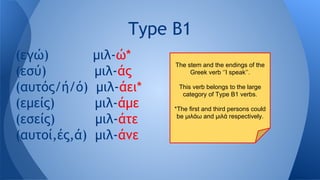 Type B1
(εγώ)
(εσύ)
(αυτός/ή/ό)
(εμείς)
(εσείς)
(αυτοί,ές,ά)

μιλ-ώ*
μιλ-άς
μιλ-άει*
μιλ-άμε
μιλ-άτε
μιλ-άνε

The stem and the endings of the
Greek verb ‘’I speak’’.
This verb belongs to the large
category of Type B1 verbs.
*The first and third persons could
be μιλάω and μιλά respectively.

 