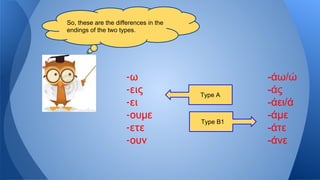 So, these are the differences in the
endings of the two types.

-ω
-εις
-ει
-ουμε
-ετε
-ουν

Type A

Type B1

-άω/ώ
-άς
-άει/ά
-άμε
-άτε
-άνε

 