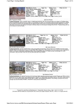 3 per Page - Listing Report                                                                                                  Page 1 of 11



                                      IRES MLS #: 655466              Type: Res      Status: Active      Price: $22,000
                                      1107 E 18th St, Greeley 80631                    A/SA: 10/17
                                      Locale: Greeley         County: Weld             Sub: None
                                      Bedrooms: 2             Baths: 1 (F 1 T 0 H 0)   Garage: 1 Detached
                                      Total SqFt: 1008        FinExclBsmt: 1008        FinIncBsmt: 1008
                                      Style: 1 Story/Ranch    Built: 1959              Taxes: $436 / 2010
                                      Lot Size: 12415         App Acres: 0.29          PIN:
                                      District: Greeley 6 Elem: Bella Romero Mid: Heath High: Greeley Central


    LO: Progressive Realty                                                     LA: Dave Brewer
    Listing Comments: *NOT A SHORT SALE**COMPOUND WATER TAP* All contracts/offers are subject to OneWest Bank
    senior management approval and any offers or counteroffers by Seller are not binding unless the entire agreement is ratified
    by all parties. All offers to be submitted with pre-approval letter and/or proof of funds & approved Bank Addendum. $75.00
    document review fee to be paid by Purchaser at closing. Buyer to verify square footage and all other. Property being sold 'as-
    is' & 'where-is' & 'with all faults.'




                                      IRES MLS #: 649311           Type: Res / Inc      Status: Active     Price: $24,000
                                      504 12th St, Greeley 80631                          A/SA: 10/7
                                      Locale: Greeley           County: Weld              Sub: Greeley City
                                      Bedrooms: 1               Baths: 1 (F 1 T 0 H 0)    Garage: 1 Detached
                                      Total SqFt: 820           FinExclBsmt: 676          FinIncBsmt: 676
                                      Style: 1 Story/Ranch      Built: 1900               Taxes: $1,900 / 2010
                                      Lot Size: 9500            App Acres: 0.22           PIN: R3210786
                                      District: Greeley 6 Elem: Other Mid: Heath High: Greeley Central


    LO: RE/MAX Alliance-Greeley                                                   LA: Jason Mahoney
    Listing Comments: Another SUPER Deal! Large yard partially fenced fence. Ranch Style home ZONED I-M. Roof needs
    replace, Mold in Laundry area off back of home. Bank REO. Needs TLC. Please allow 3 to 5 bus. days for bank negotiations.
    Buyer to verify ALL information contained in MLS. This is Sold AS-IS where is. Please contact Listing Agent for more
    information. SEE EXTRAS TAB FOR OFFER WRITING INSTRUCTIONS!!




                                      IRES MLS #: 654514              Type: Res       Status: Active      Price: $29,000
                                      1319 6th Ave, Greeley 80631                          A/SA: 10/7
                                      Locale: Greeley           County: Weld               Sub: None
                                      Bedrooms: 2               Baths: 1 (F 1 T 0 H 0)     Garage: 2 Detached
                                      Total SqFt: 822           FinExclBsmt: 822           FinIncBsmt: 822
                                      Style: 1 Story/Ranch      Built: 1900                Taxes: $222 / 2010
                                      Lot Size: 6534            App Acres: 0.15            PIN: R3248786
                                      District: Greeley 6 Elem: Maplewood Mid: Heath High: Northridge


    LO: Pro Realty Old Town                                                 LA: Matthew Revitte
    Listing Comments: For special financing and incentives, Seller requests potential buyers contact Chase Loan Officer James
    Bailey @ 970-231-6856. Buyer verify Measurements. PROOF OF FINANCING REQUIRED ON ALL OFFERS. Great Value in
    this Turn-of-the-Century Ranch (Sold For $51,000 in 1998!!), Some Natural Woodwork, Vinyl Siding, Covered Front Porch,
    Garage has NO BUILDING PERMIT. PROPERTY SOLD AS IS CONDITION.




                    Prepared For: www.ShannanRealEstate.com - Prepared By: Shannan Zitney - May 11, 2011 6:11:57 PM
         Information deemed reliable but not guaranteed. MLS content and images Copyright 1995-2011, IRES LLC. All rights reserved.




http://www.iresis.com/MLS/awa/reports/listing?reportName=Three_per_Page                                                         5/11/2011
 