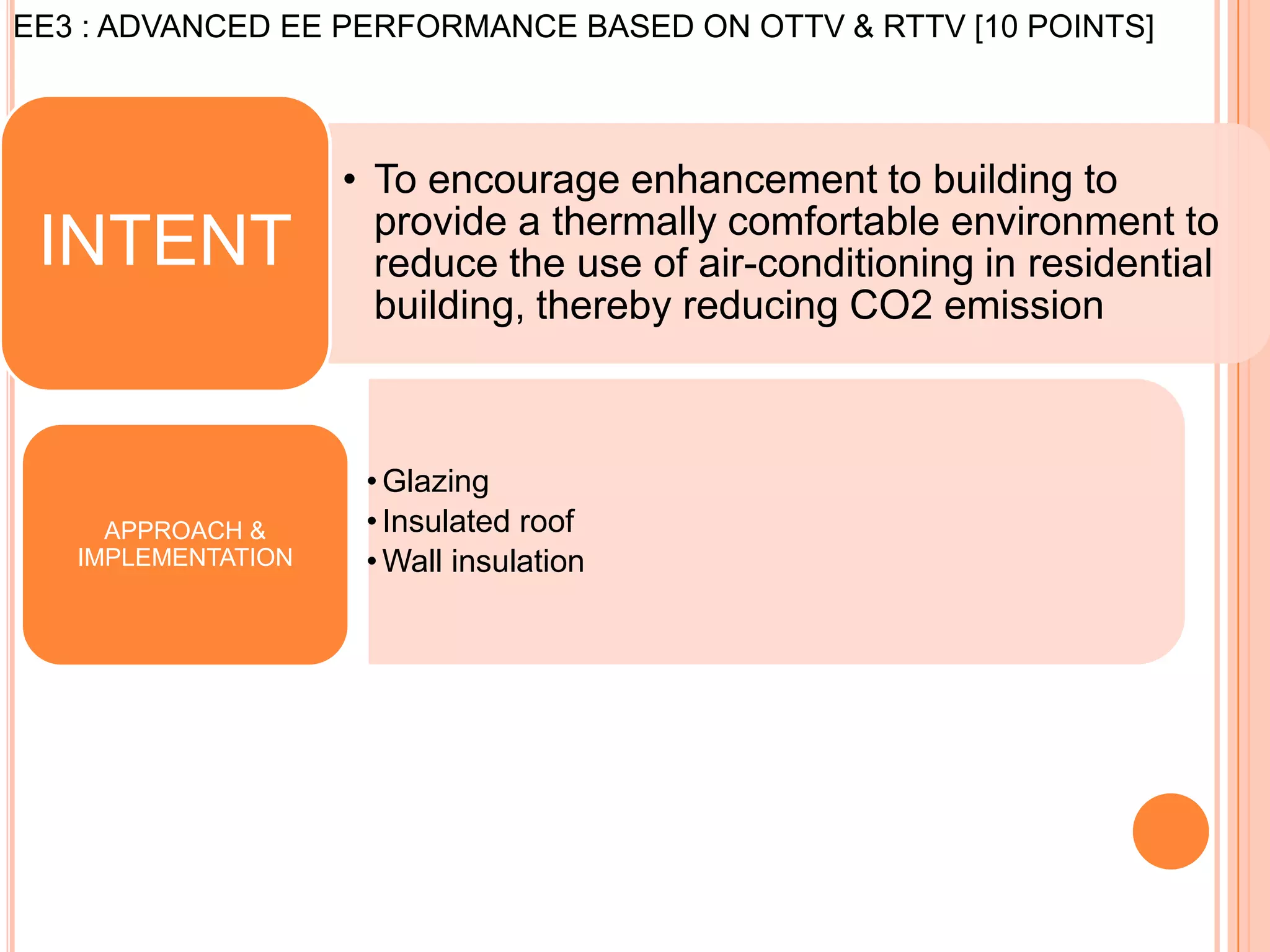EE3 : ADVANCED EE PERFORMANCE BASED ON OTTV & RTTV [10 POINTS]



                    • To encourage enhancement to building to
                      provide a thermally comfortable environment to
 INTENT               reduce the use of air-conditioning in residential
                      building, thereby reducing CO2 emission



                     • Glazing
     APPROACH &      • Insulated roof
   IMPLEMENTATION    • Wall insulation
 