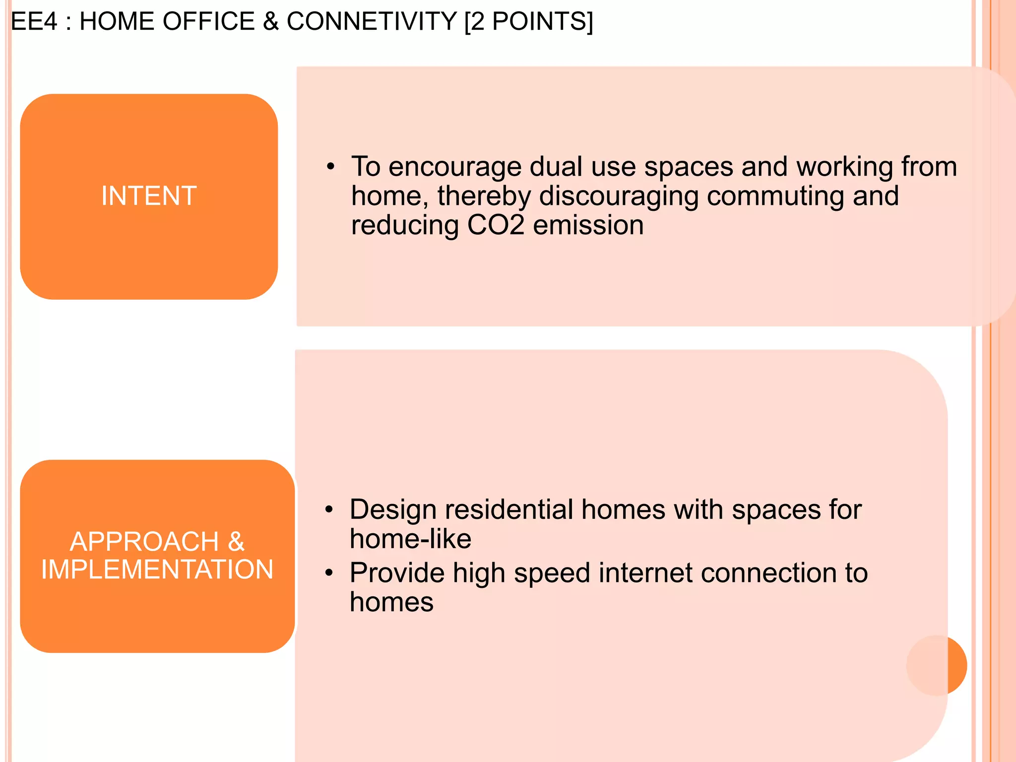 EE4 : HOME OFFICE & CONNETIVITY [2 POINTS]




                      • To encourage dual use spaces and working from
      INTENT            home, thereby discouraging commuting and
                        reducing CO2 emission




                      • Design residential homes with spaces for
    APPROACH &          home-like
  IMPLEMENTATION      • Provide high speed internet connection to
                        homes
 