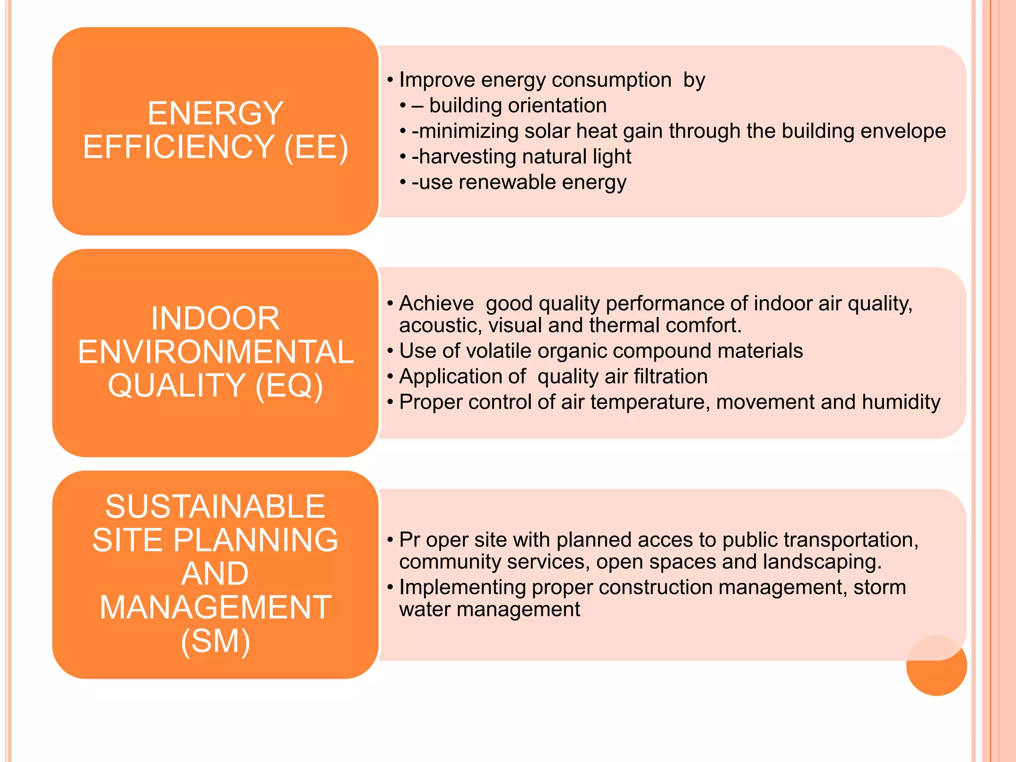 • Improve energy consumption by
                    • – building orientation
   ENERGY           • -minimizing solar heat gain through the building envelope
EFFICIENCY (EE)     • -harvesting natural light
                    • -use renewable energy




                  • Achieve good quality performance of indoor air quality,
    INDOOR          acoustic, visual and thermal comfort.
ENVIRONMENTAL     • Use of volatile organic compound materials
                  • Application of quality air filtration
 QUALITY (EQ)     • Proper control of air temperature, movement and humidity




 SUSTAINABLE
SITE PLANNING     • Pr oper site with planned acces to public transportation,
                    community services, open spaces and landscaping.
     AND          • Implementing proper construction management, storm
MANAGEMENT          water management
     (SM)
 