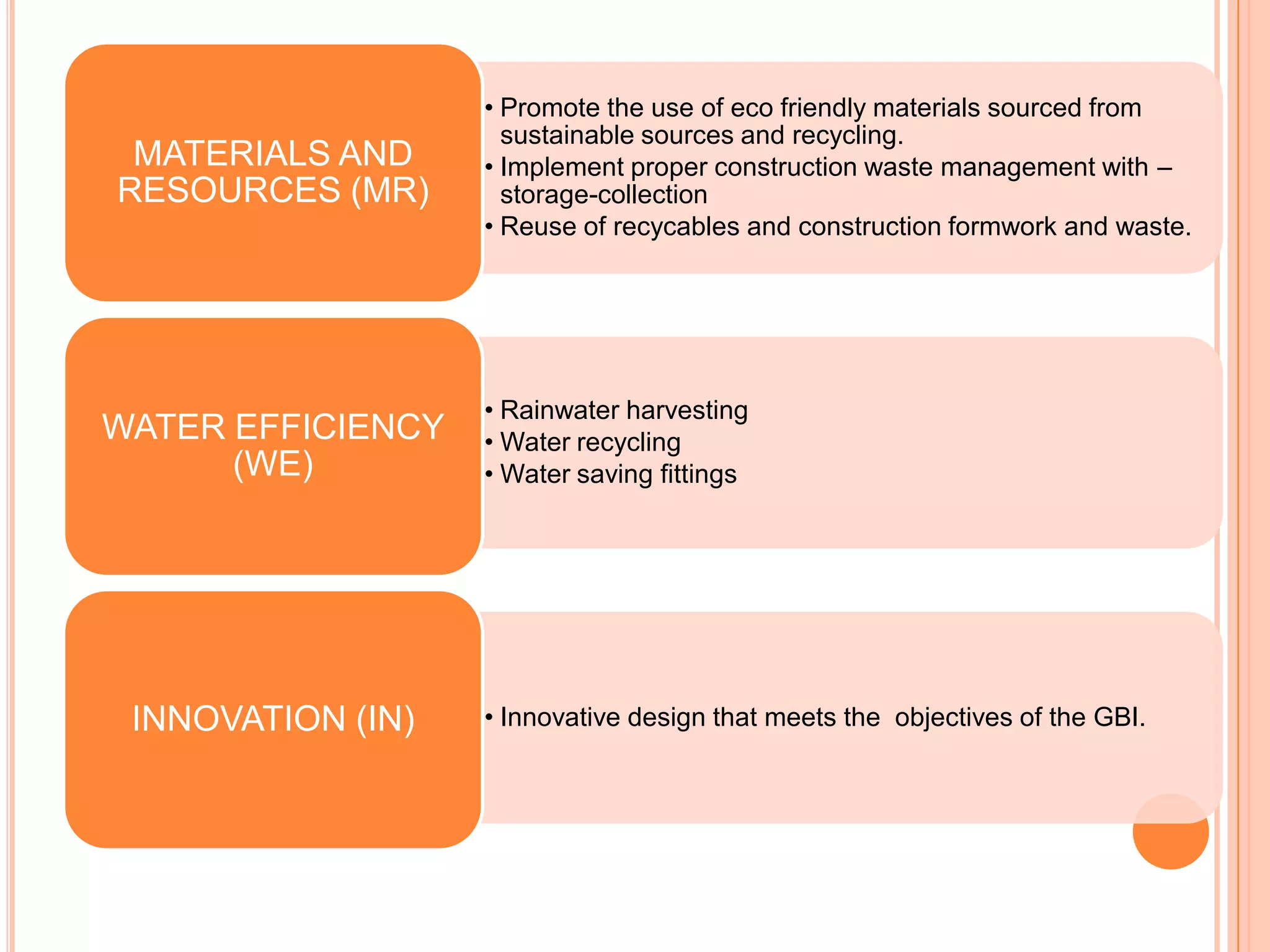 • Promote the use of eco friendly materials sourced from
                     sustainable sources and recycling.
 MATERIALS AND     • Implement proper construction waste management with –
RESOURCES (MR)       storage-collection
                   • Reuse of recycables and construction formwork and waste.




                   • Rainwater harvesting
WATER EFFICIENCY   • Water recycling
      (WE)         • Water saving fittings




 INNOVATION (IN)   • Innovative design that meets the objectives of the GBI.
 