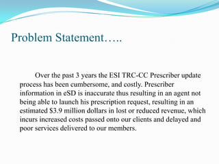 Problem Statement…..
Over the past 3 years the ESI TRC-CC Prescriber update
process has been cumbersome, and costly. Prescriber
information in eSD is inaccurate thus resulting in an agent not
being able to launch his prescription request, resulting in an
estimated $3.9 million dollars in lost or reduced revenue, which
incurs increased costs passed onto our clients and delayed and
poor services delivered to our members.

 