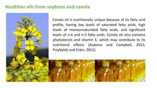 Canola oil is nutritionally unique because of its fatty acid
profile, having low levels of saturated fatty acids, high
levels of monounsaturated fatty acids, and significant
levels of n-6 and n-3 fatty acids. Canola oil also contains
phytosterols and vitamin E, which may contribute to its
nutritional effects (Aukema and Campbell, 2011;
Przybylski and Eskin, 2011).
Healthier oils from soybean and canola
https://www.google.com/search?q=canola+plant&tbm=isch&source=iu&ic
tx=1&fir=EWyGq9r7wcSN-
M%253A%252Cj1DNX_Wcj6A5MM%252C%252Fm%252F01g2vp&vet=1&u
sg=AI4_-kRjW-
rVJ2PC7HVd8mNTIDHvm_JOMg&sa=X&ved=2ahUKEwilvqnbhMLoAhUHrZ
QKHfnRA8MQ_B0wEnoECAsQAw#imgrc=EWyGq9r7wcSN-M
 