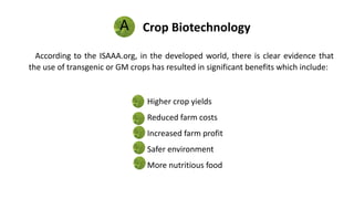 A Crop Biotechnology
1. Higher crop yields
2. Reduced farm costs
3. Increased farm profit
4. Safer environment
5. More nutritious food
According to the ISAAA.org, in the developed world, there is clear evidence that
the use of transgenic or GM crops has resulted in significant benefits which include:
 