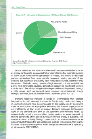162   Green Cities



      Figure 3.7     International Distribution of 102 Current Smart-City Projects


                                                        Asia and the Pacific




      Europe                                                      Middle East and Africa

                                                                     Latin America




                                                           North America



 Source: Greenbiz. 2011. Investment in Smart Cities on the Verge of a $40B Boom.
 http://www.greenbiz.com




    One of the issues that must be addressed if the use of renewable sources
of energy continues to increase is that of intermittency. For example, periods
of calm cause wind-turbine generation to cease, and hours of darkness
prevent generation from solar panels. Moreover, during periods of low
demand but significant availability from renewable sources, electricity may
be wasted. Similarly, during periods of high demand but low availability of
power from renewable sources, generation capacity is insufficient to meet
that demand. Electricity storage technologies address this problem through
a wide range, such as pumped-hydro storage, compressed-air energy
storage, batteries, and, to a lesser extent, flywheels (WEF 2011e).

     Demand-response includes a range of technologies that address
fluctuations in both demand and supply. Traditionally, peaks and troughs
in electricity demand have been managed on the supply side by generating
more or less power as appropriate. However, this causes large plants to
run inefficiently at low levels of output. Demand-response technologies
work on the demand side, both at the consumer and industrial levels, by
automatically reducing consumption during periods of peak demand by
shifting demand to a time period during which more energy is available. This
can be achieved actively through connection to an information network, or
autonomously through the use appliances, such as refrigerators, that slightly
increase temperature set-points when the generation network is operating
at full capacity (WEF 2011d).
 